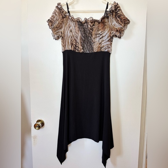 āØš¤Terra Nostra Elegant Black and Brown Off-Shoulder Dress⨠- Picture 5 of 5